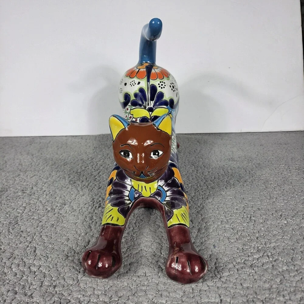 Talavera Cat Figurine Mexican Pottery Art Hand Painted 16.5 x 5 X 9.5 In
